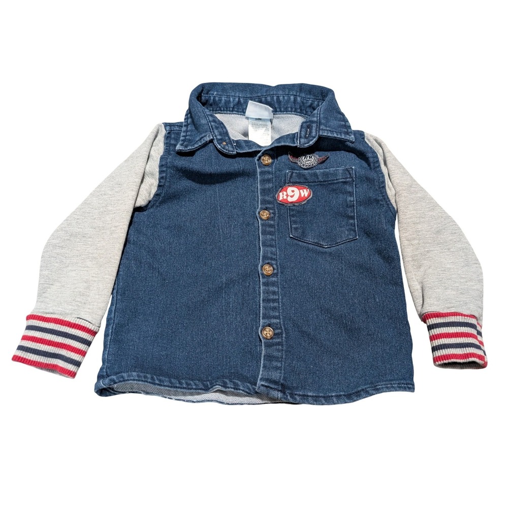 Nannette Kids Boys 24M Denim Mixed Media Button Up Shirt Gray Sleeves Patches‎